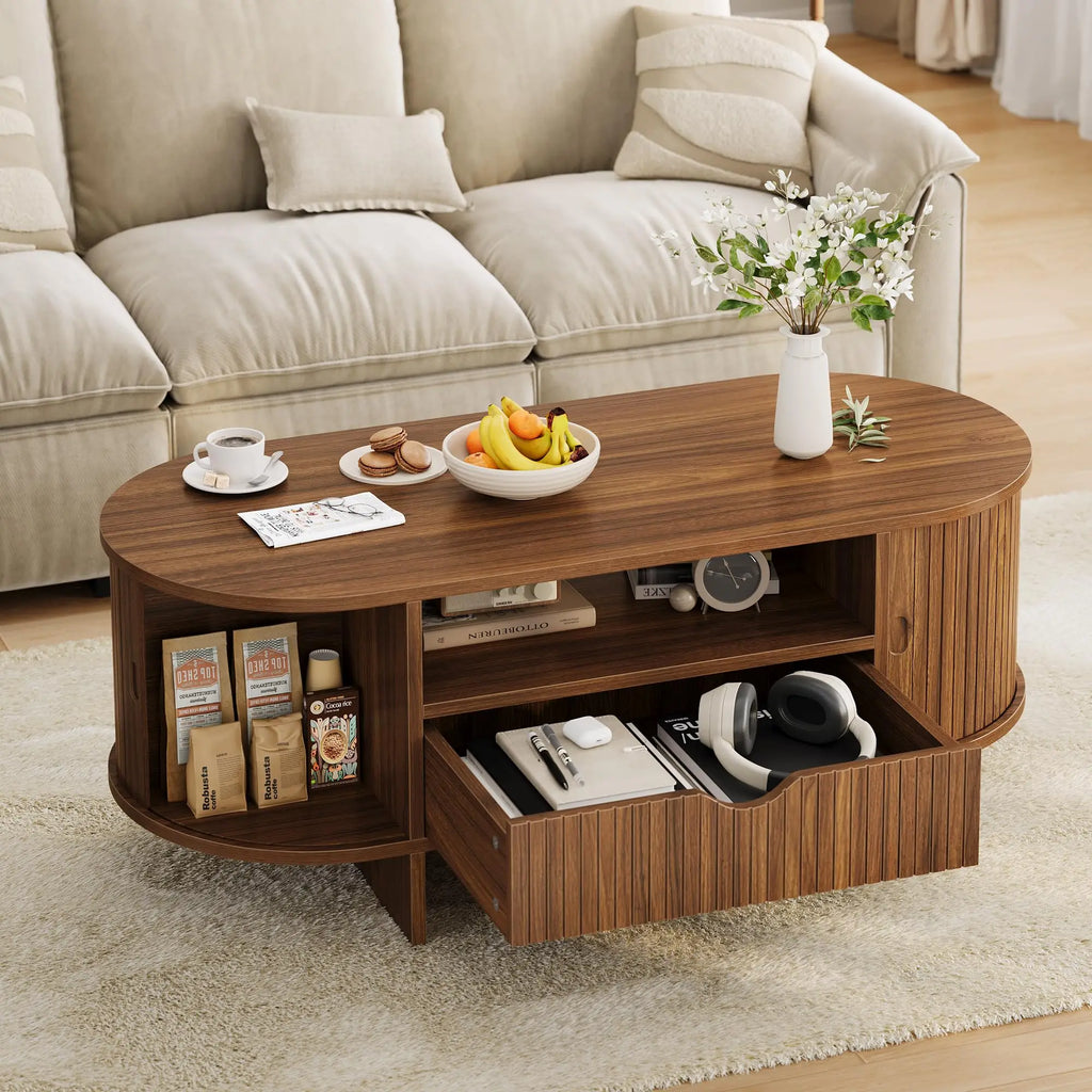 47.2in Oval Coffee Table with Storage Wood