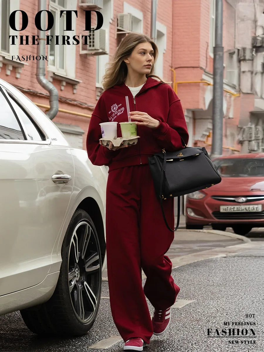 Sumuyoo Short Zipper Hoodie Set Women's 2025 Autumn Winter Casual Sports Hoodie Sweatshirt Wide Leg Pants 2 Piece Set