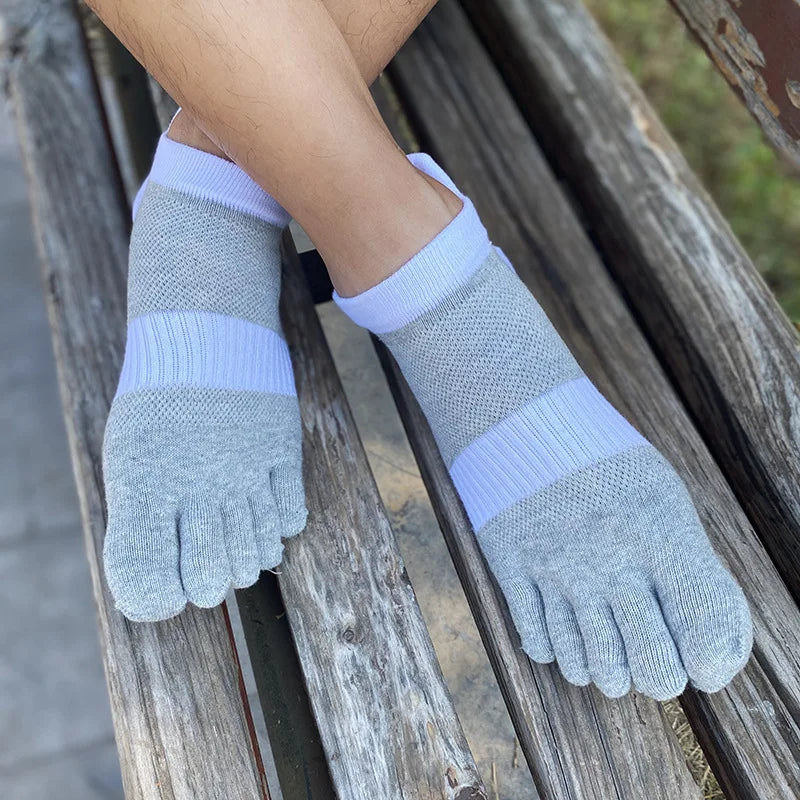 1/5 Pairs Men's Mesh Toe Socks Color Block Striped Low Cut Five Finger Running Sport Socks Breathable Anti-Bacterial Toe Socks