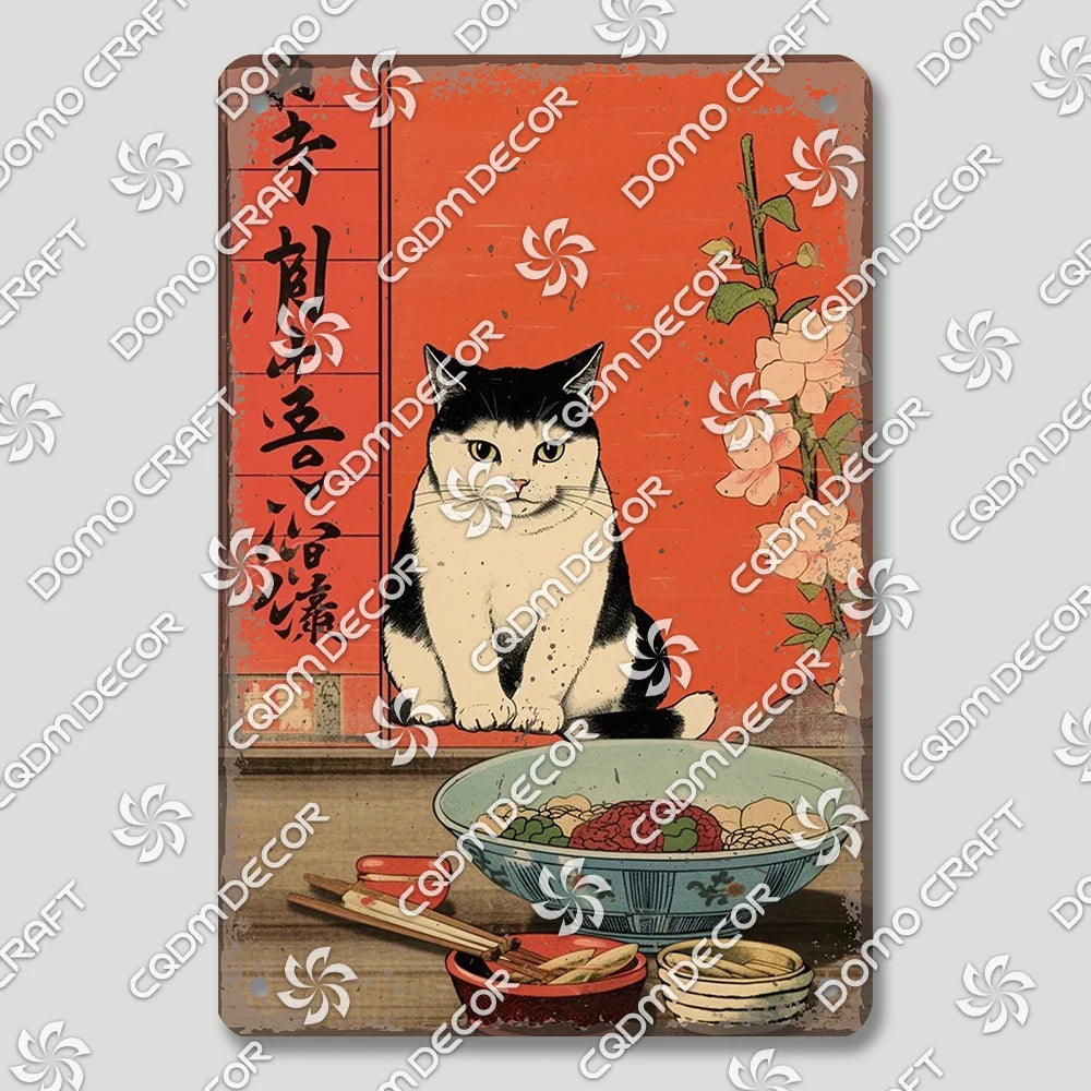 Cartoon Cat Japanese Food Plaque Tin Sign Retro Ramen Sushi Takoyaki Poster Metal Plates Bar Pub Restaurant Kitchen Wall Decor