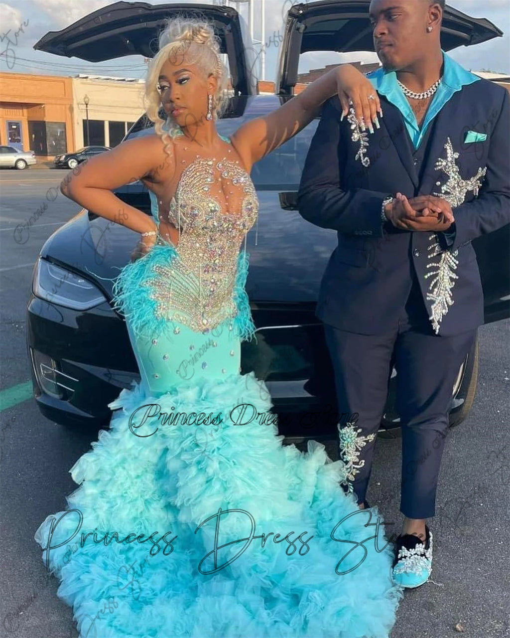 Designer Luxurious Beaded Crystal Tulle Ruched Train Prom Dresses For Black Girls  Ladies Dress Special Wedding Customized