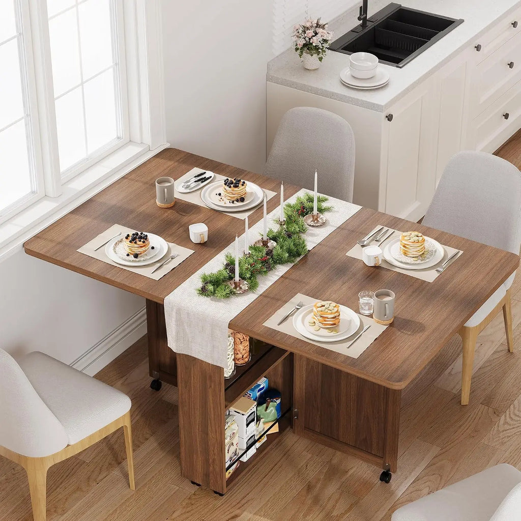 Folding Dining Table with Storage &amp; 6 Wheels