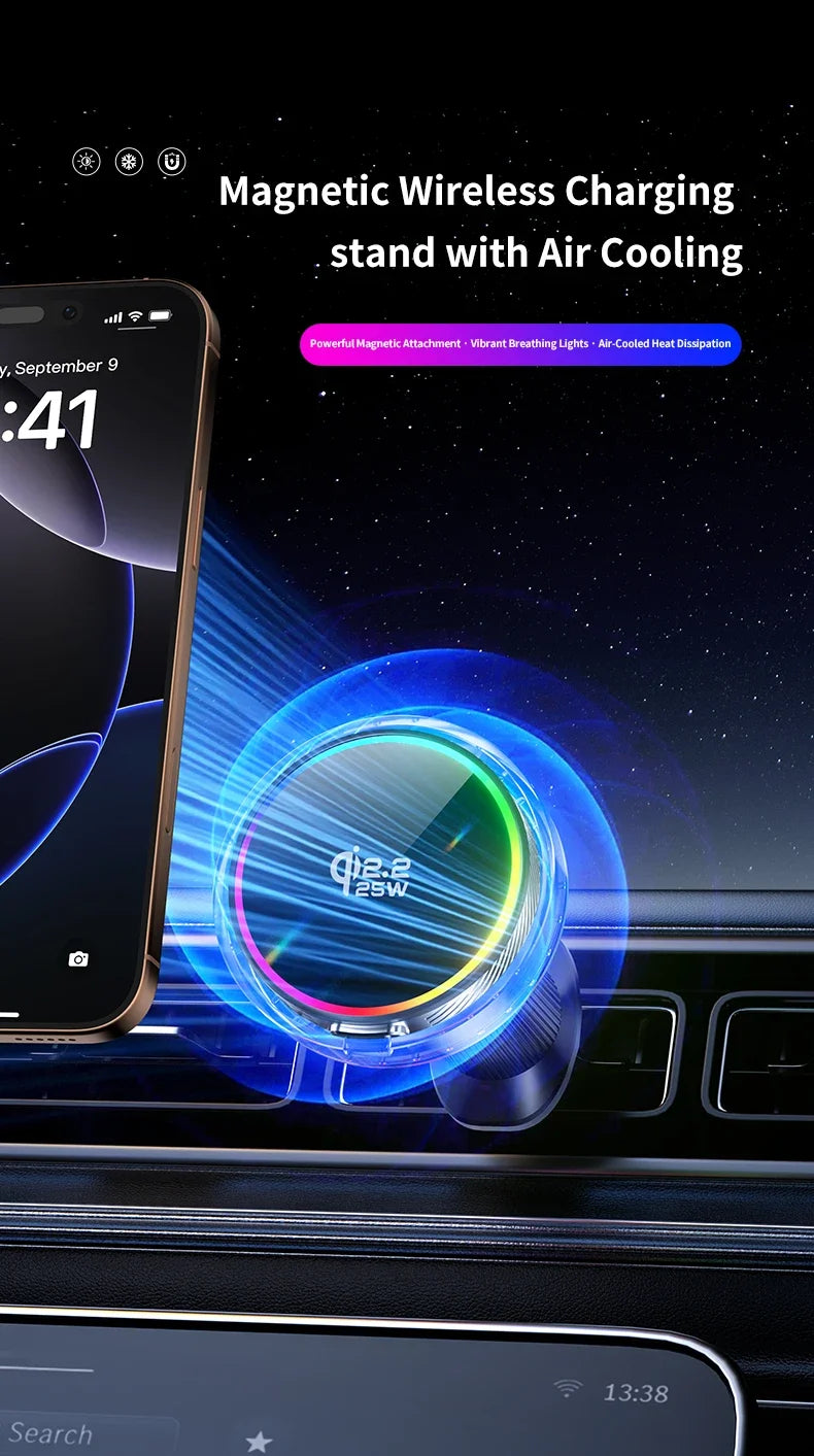qi2.2 Car 25W Magnetic Wireless Charger Air Cooling RGB Light  Phone Holder For Magsafe iPhone 17 16 15 14 13 12 Fast Charging