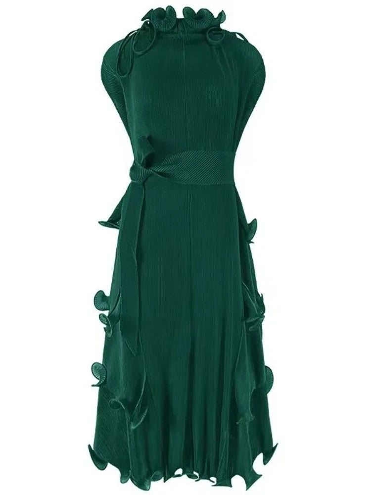 EGRM 2026 New Miyake Pleated Women Dress Solid Agaric Lace Bottom Skirt with Belt Loose Fashion Female Clothing Summer 8RM2715