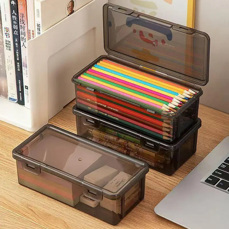 Black Desk Organizer Transparent Plastic Storage Box With Lid For Pens Pencils Markers School Supplies & Office Organization