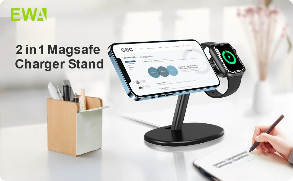 EWA 2-in-1 Aluminum Phone Stand for MagSafe Charger - [Charger Not Included] Phone Holder  for iPhone 16~12 & Apple Watch Series