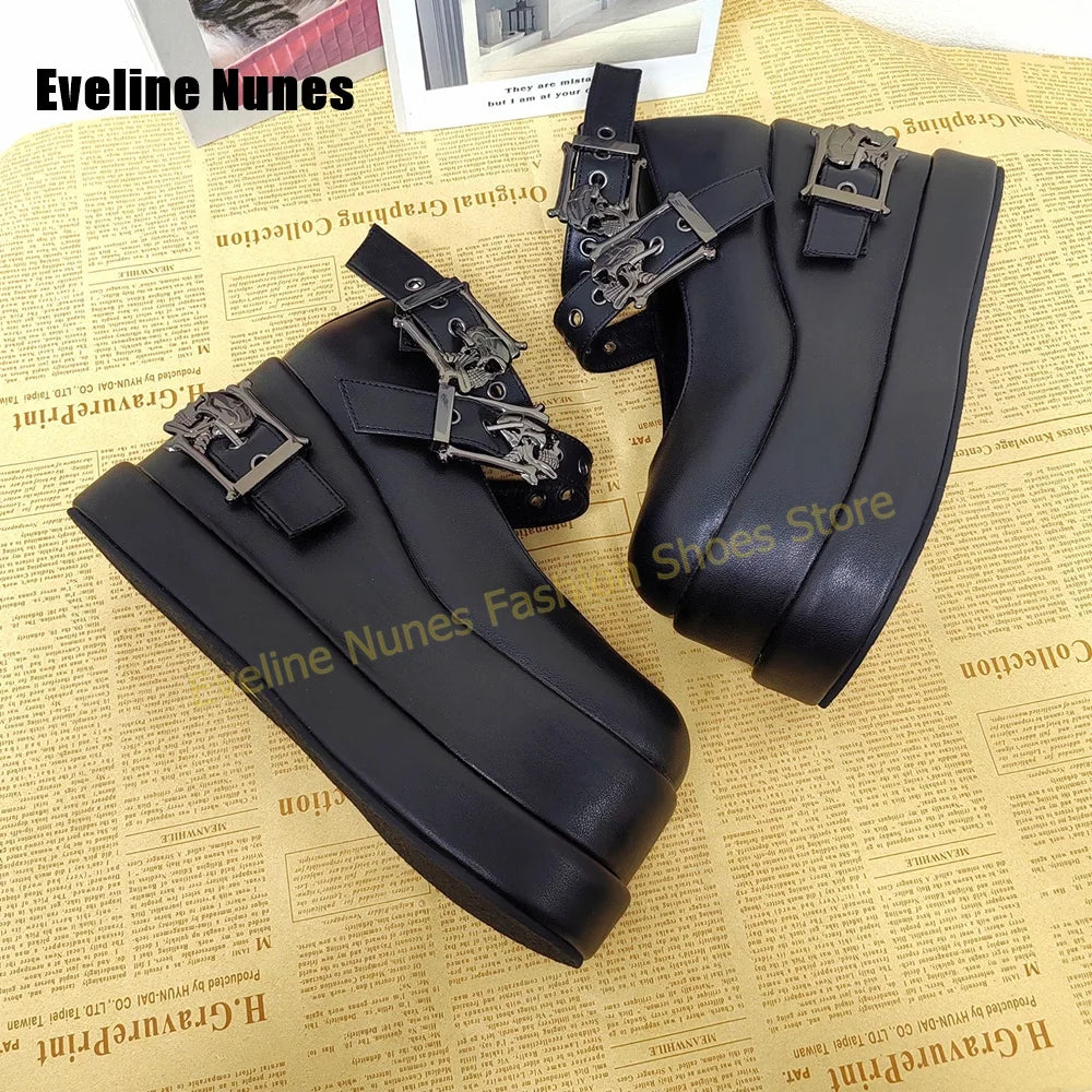 Black Faux Leather Platform Mary Janes Skull Hardware Eyelet