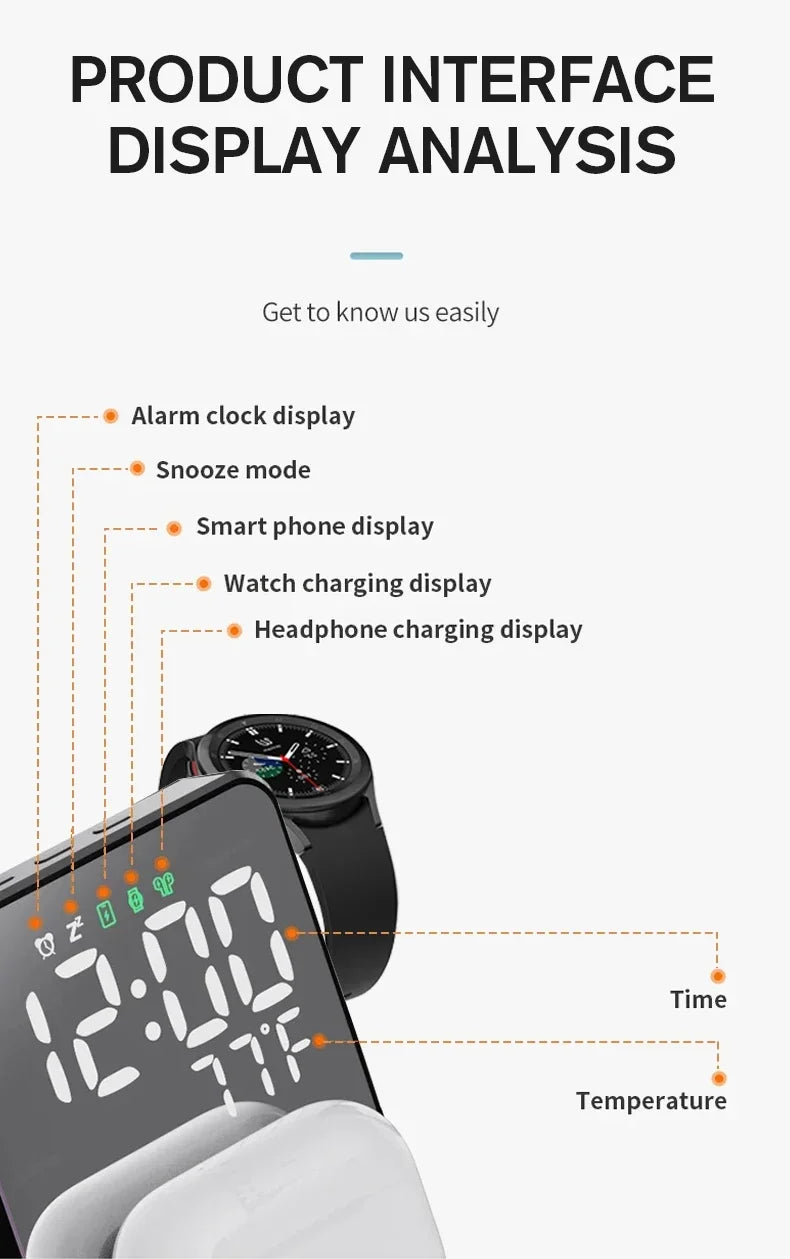 3 in 1 Wireless Charger For Apple Samsung Galaxy Watch 6 5 Pro S24 S23 S22 Fast Charging Station Alarm Clock Phone Charger Stand
