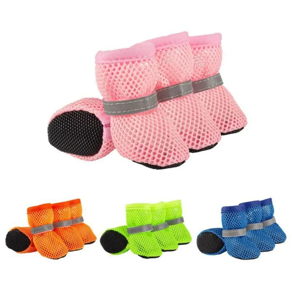 4pcs/set Fashion Breathable Dog Mesh Shoes Non-slip Reflective Dog Net Shoes Wear Resistant Hollow Out Dog Shoes Summer