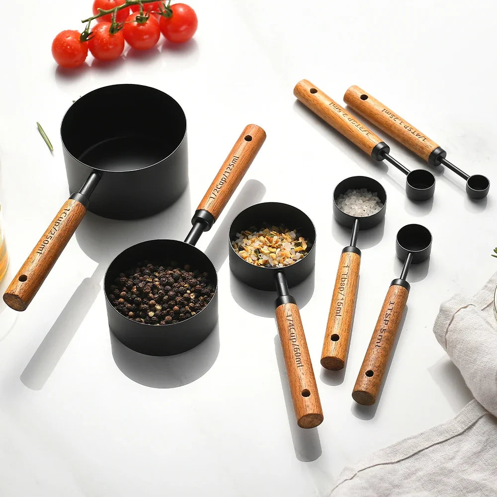 1/4Pcs Stainless Steel Measuring Cups and Spoons Set with Wooden Handles Multifunctional Baking Tool for Cooking and Baking