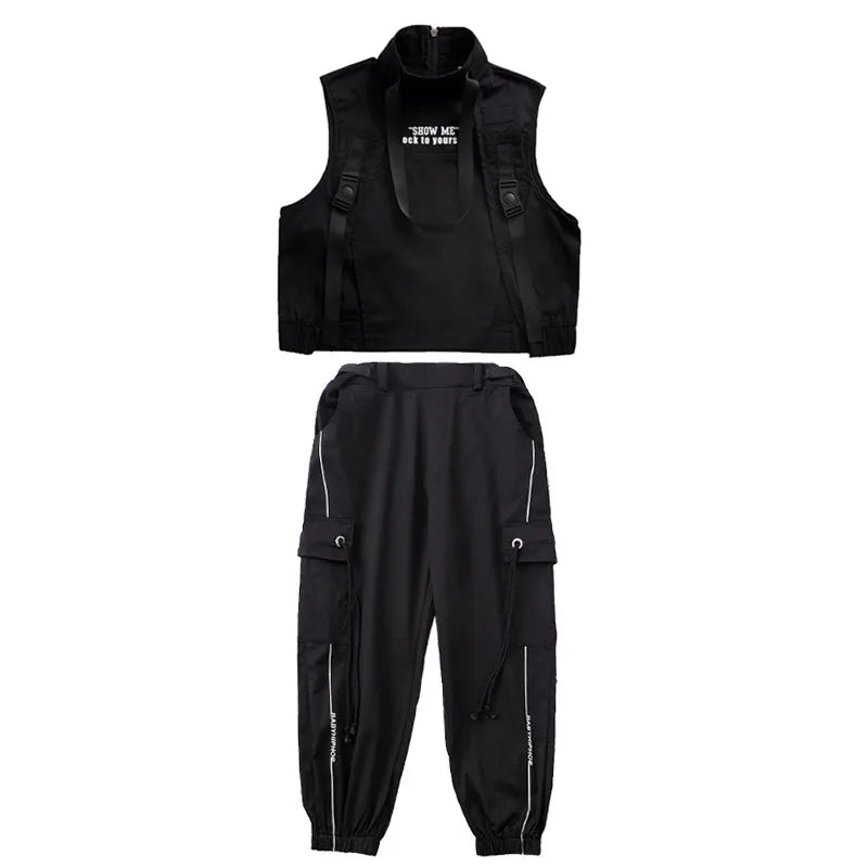 Boy Hip Hop Girl High Collar Vest Cargo Pants Outfits Child Sweatshirt Joggers Street Dance Kids Waistcoat Streetwear Costumes