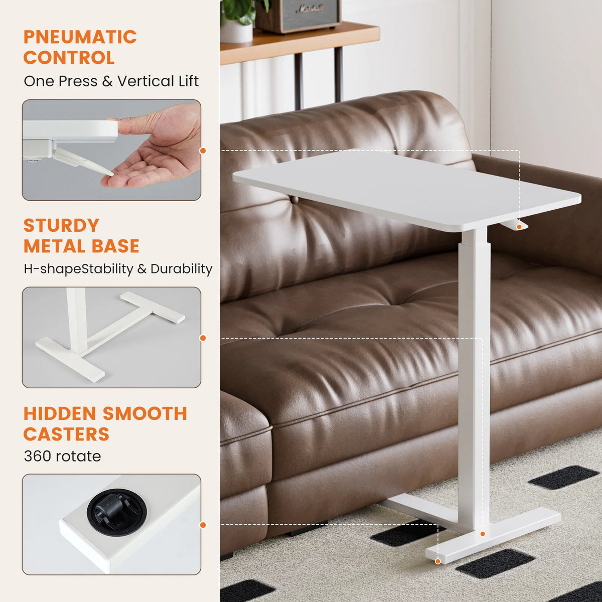 JHK Overbed Bedside Sofa Table with Hidden Wheels Adjustable