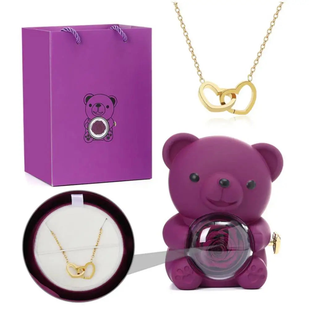 Bear Necklace Case Romantic Bear and Rose Jewelry Box Hug Bear Decoration Necklace Box Rose and Rotating Bear Case with Double