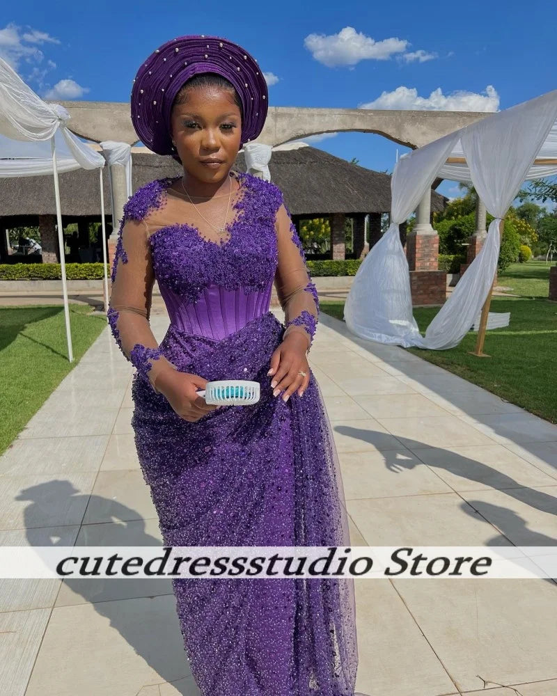 Dark Purple Beaded Applique Evening Dresses Customized Aso Ebi Sheer Collar Long Mermaid Wedding Party Dress Prom Gown For Women