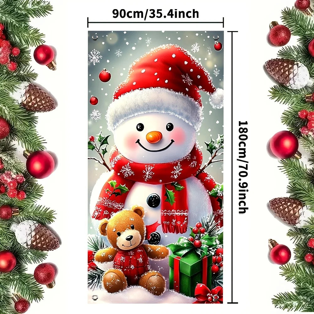 A 2D flat Christmas polyester door banner with a snowman and teddy bear design, suitable for festive party decoration