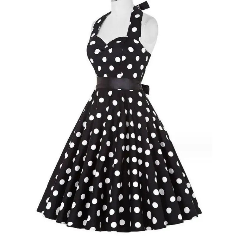 Women Summer Polka Dot Vintage Dress Fashion Party Office Lady Rockabilly Big Swing Halter Clothes