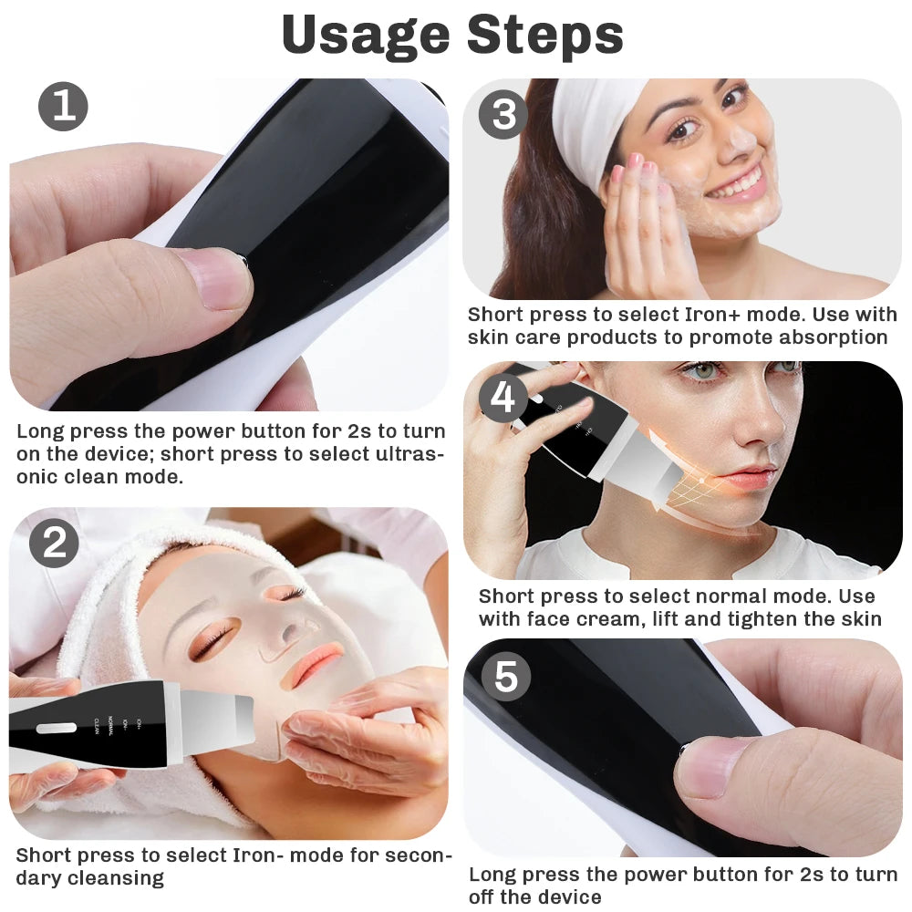 Ultrasonic Skin Scrubber Red Blue Light Deep Face Cleaning Peeling Blackhead Remover Facial Shovel Cleanser Lifting Skin Care