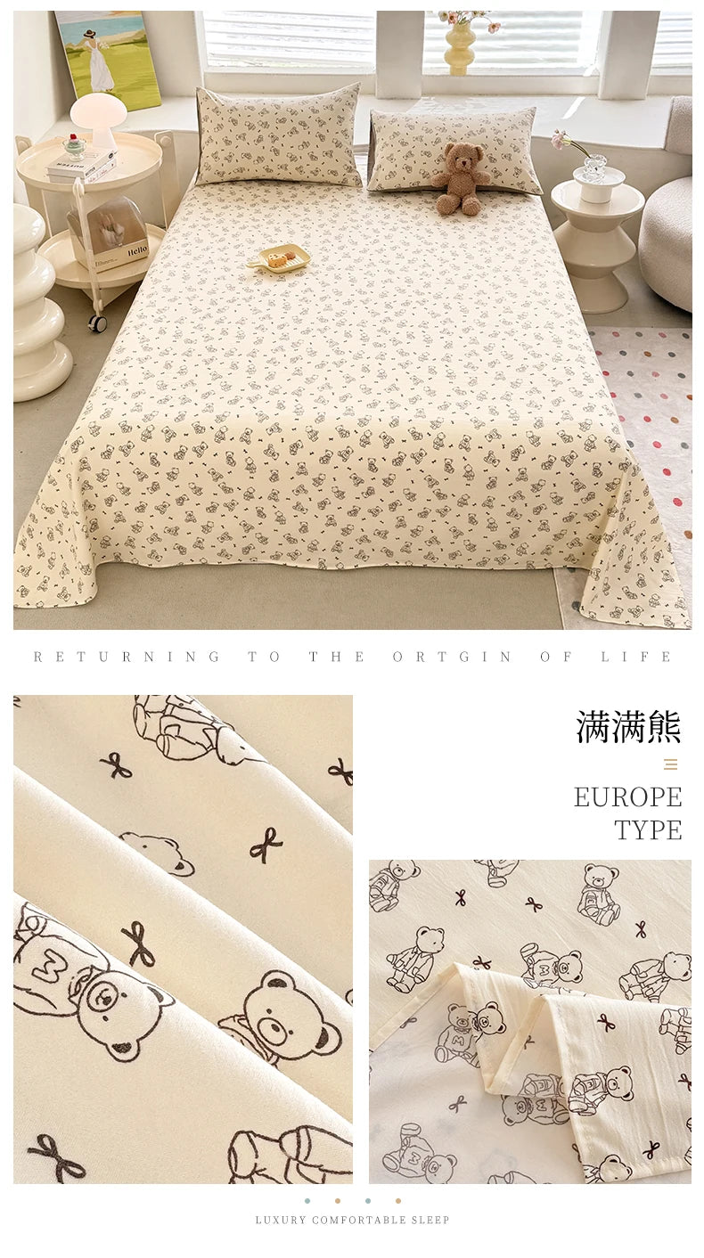 1pc Washed Cotton Flat Bed Sheets Single/Queen/King Size Bed Cover for Double Bed Flower Printed Soft Bed Sheets Top Sheets Set