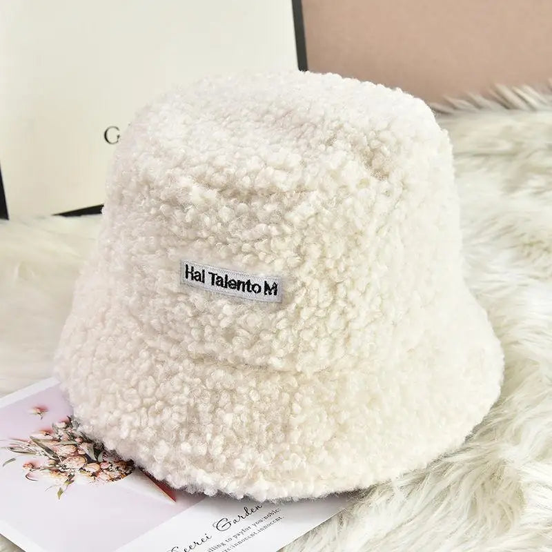 Korean Fisherman Hat Pure Color Warm Embroidered Letter Beanie Plush Light Weight Cap Unisex Casual Bucket Hat