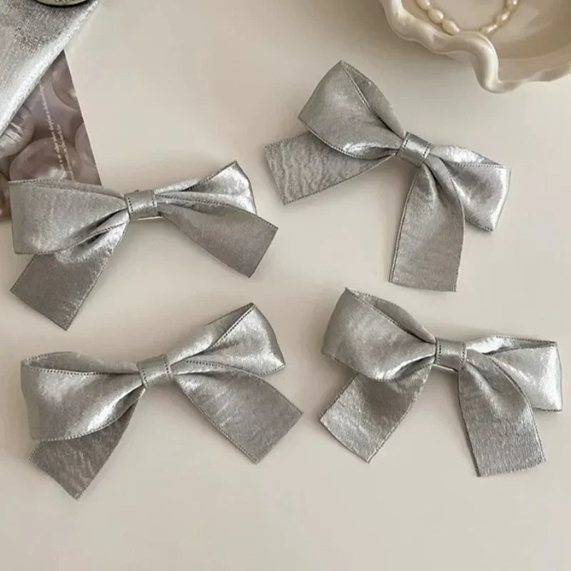 2/4Pcs Y2K Silver Bow Hair Clips PU Barrettes for Girl Kids