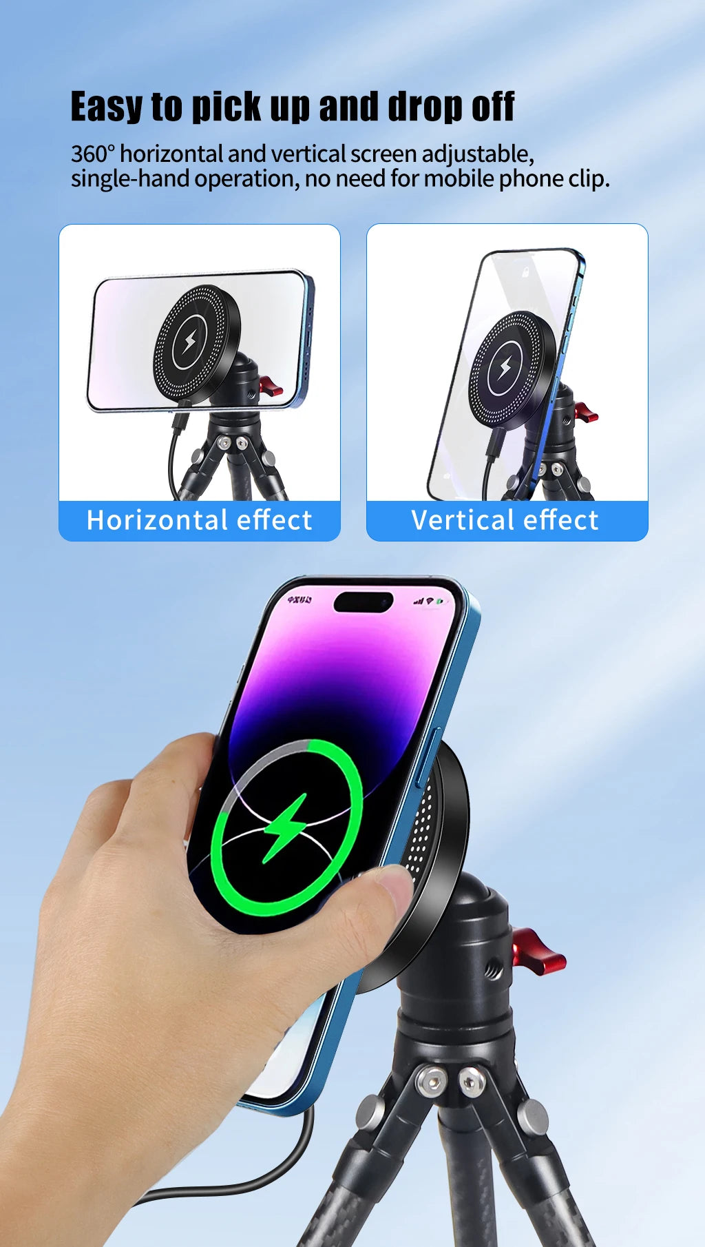 Mobile Phone Stand Holder Magnetic Wireless Charger 10W Tripod Adapter 1/4 Mount Cold Shoe for MagSafe Magnet Charging Station