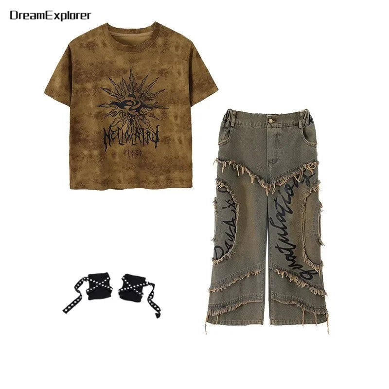 Boys Wasteland Punk Street Dance Sweatshirt Jeans Pants Girls Hip Hop Clothes Sets Kids Jazz Stage Costumes Children Streetwear