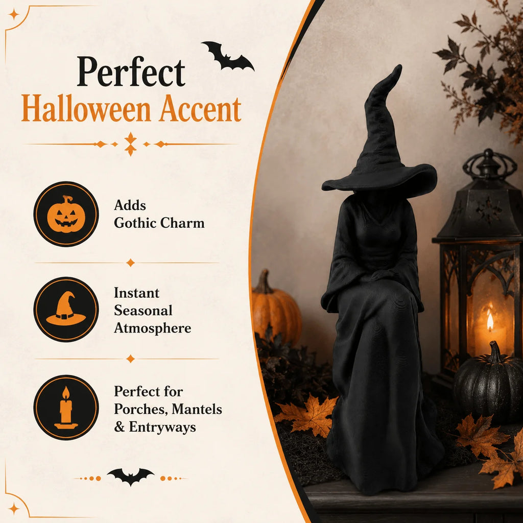 Plastic Faceless Witch Figurine Black Sitting Witch Wall Decor Gothic Halloween Living Room Bookshelf Entryway Porch Ornament