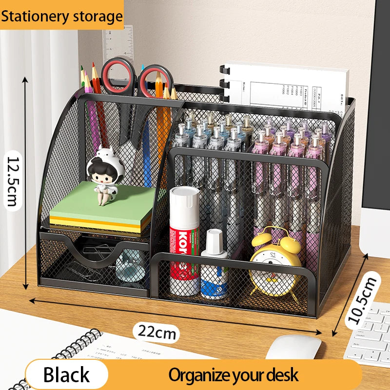Mesh Desk Organizer Office with 7 Compartments with Drawer Desk Tidy Candy Pen Holder Multifunctional Organizer