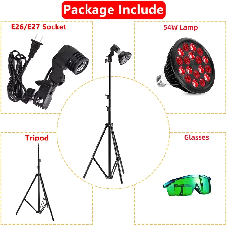 E27 LED Red 54W Light Therapy Lamp 660nm&850nm Infrared Bulb for Skin Care Pain Relief 360° Adjustable