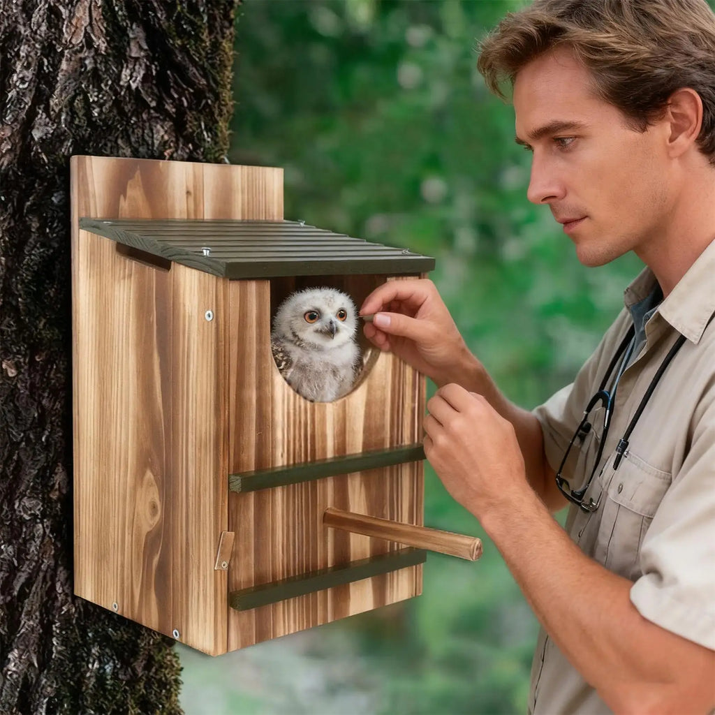 Owl Box Wooden Bird House Waterproof Carbonized Shelter for Garden Outdoor Window Squirrel Pigeon Hummingbird Nesting Home Decor