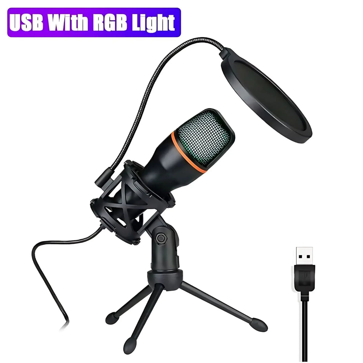 Professional Condenser Microphone Kit with Tripod Stand RGB Lighting