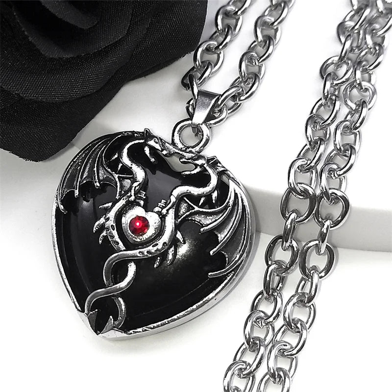 Goth Double Dragon Heart Black Stone Necklace Men Women Stainless