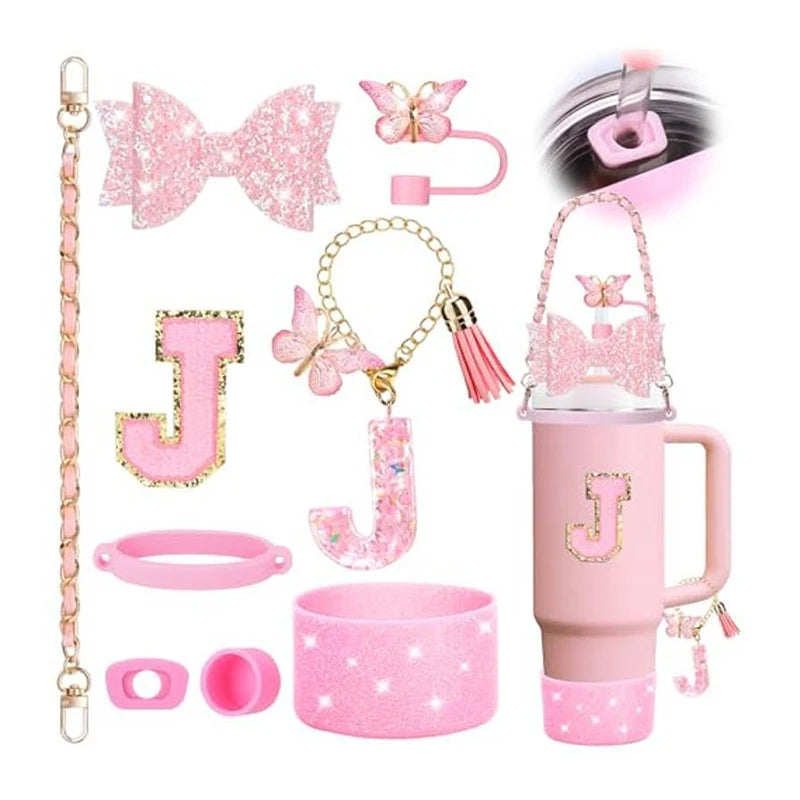 9PCS Set Bling Pink For Stanley Cup Cute Bow Letter Decoration 30oz 40oz Cup Spill Proof Stopper Keychain Handle Cup Accessoriy
