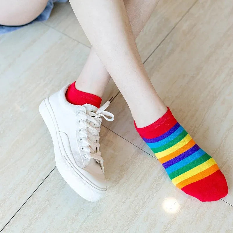 Harajuku cute rainbow ankle socks ladies funny kawaii color yellow white black cotton socks girls