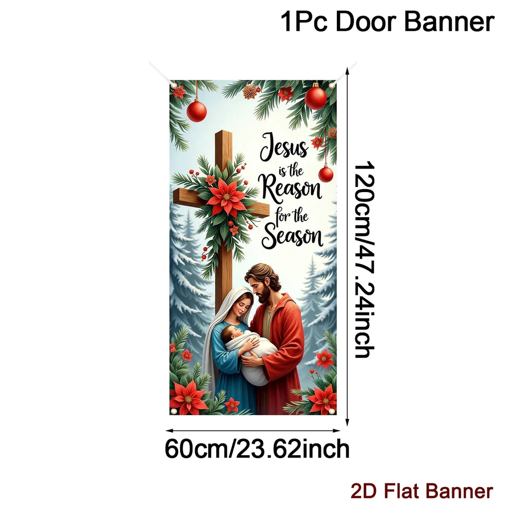 Christmas Door Banner-Nativity Cross Design 60*120cm Polyester Door Cover Entrance Decoration Holiday Decor Christmas Ornament