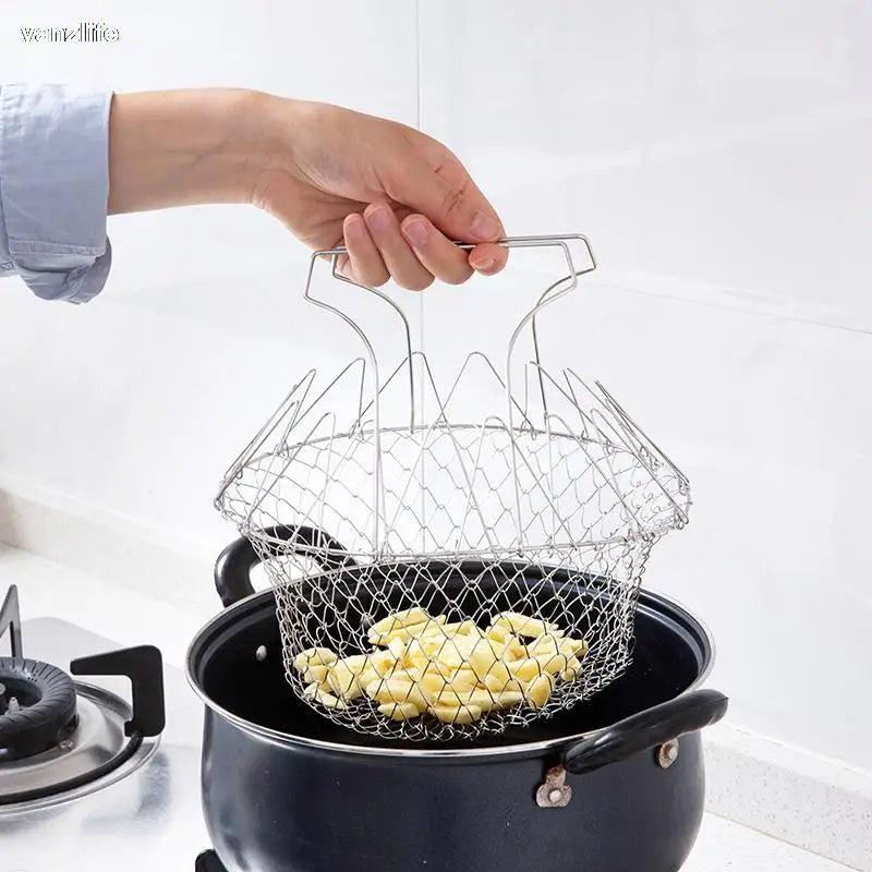 vanzlife stainless steel deep-fried large noodle kitchen French fries tools drain basket Household leak net spoon folding filter