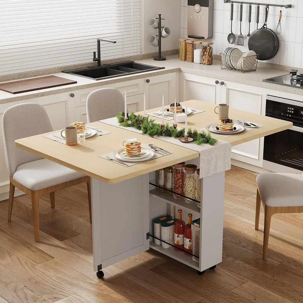 Folding Dining Table with Storage &amp; 6 Wheels