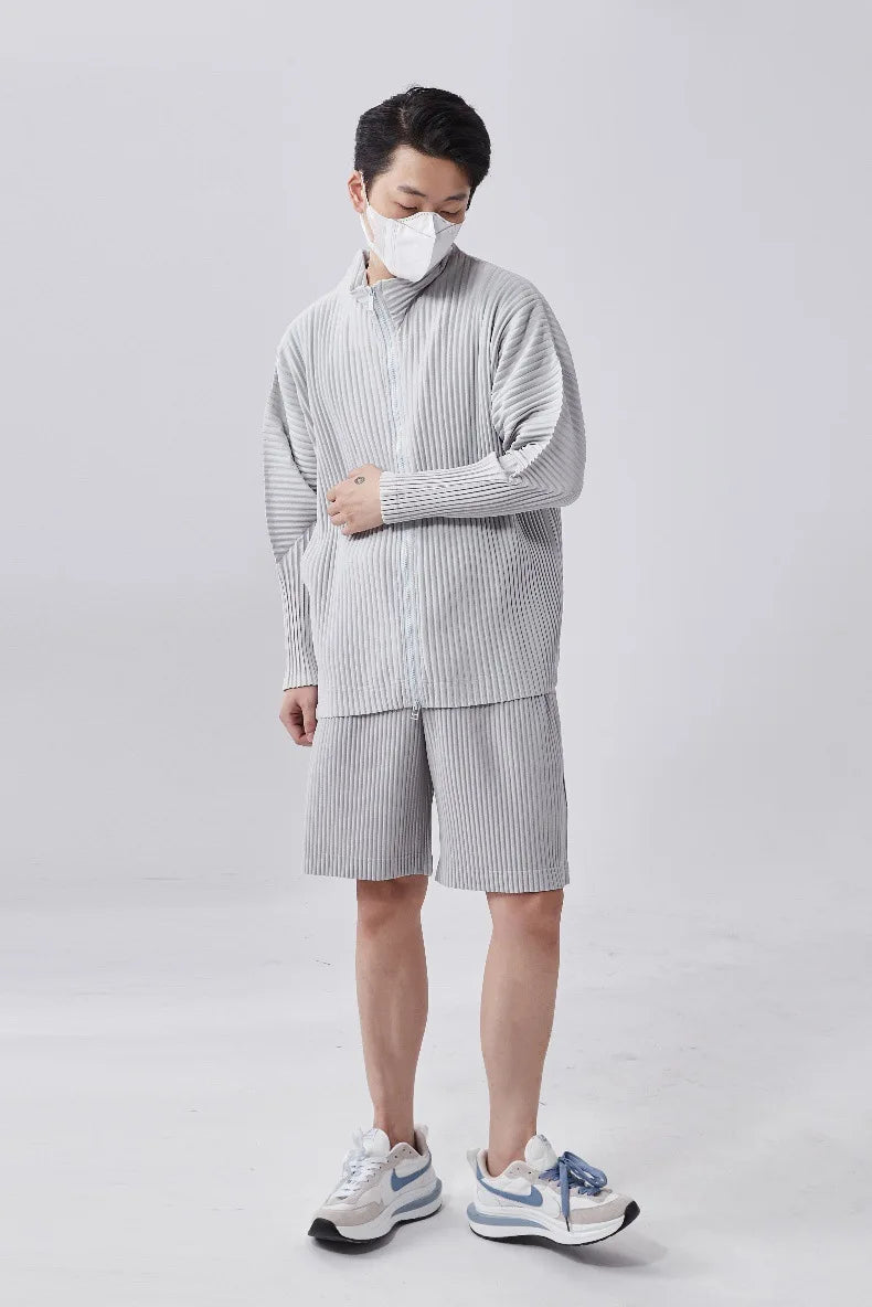 Miyake Men's Pleated Jacket Long Sleeve Standing Collar Fold Jacket Coat High Collar Zip Sweatshirt 2025 Spring Summer New Tops