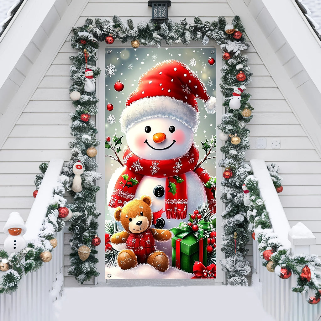 A 2D flat Christmas polyester door banner with a snowman and teddy bear design, suitable for festive party decoration