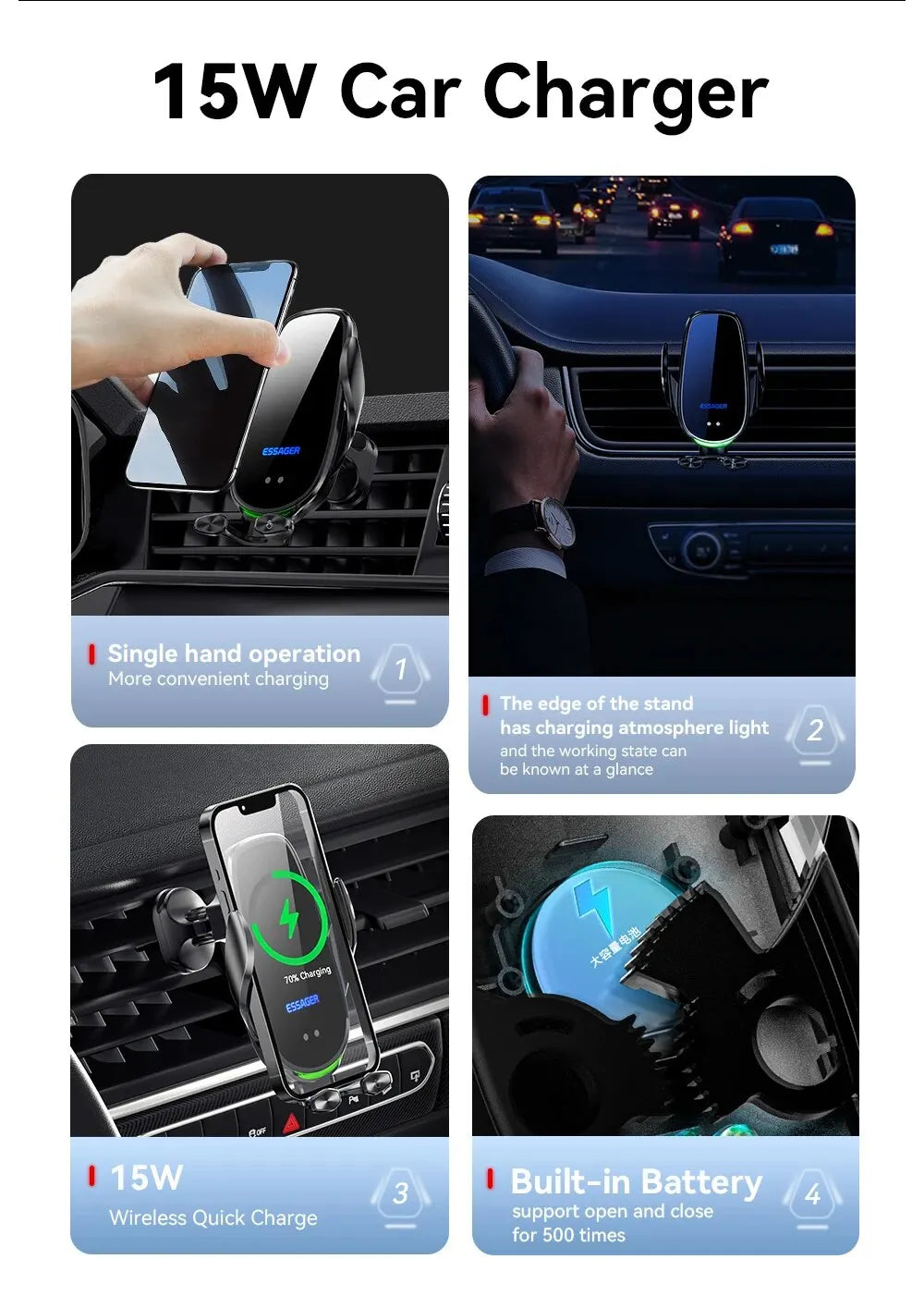 Essager 15W Car Wireless Charger Air Vent Mount For iPhone 14 13 12 Smart Wireless Charger Stand For Xiaomi Huawei Fast Charging