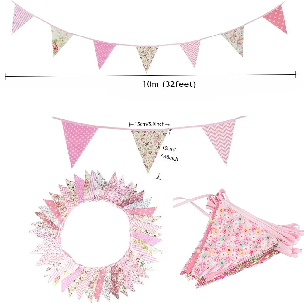33Ft Floral Fabric Bunting Banner Cotton Rustic Flowers Triangle