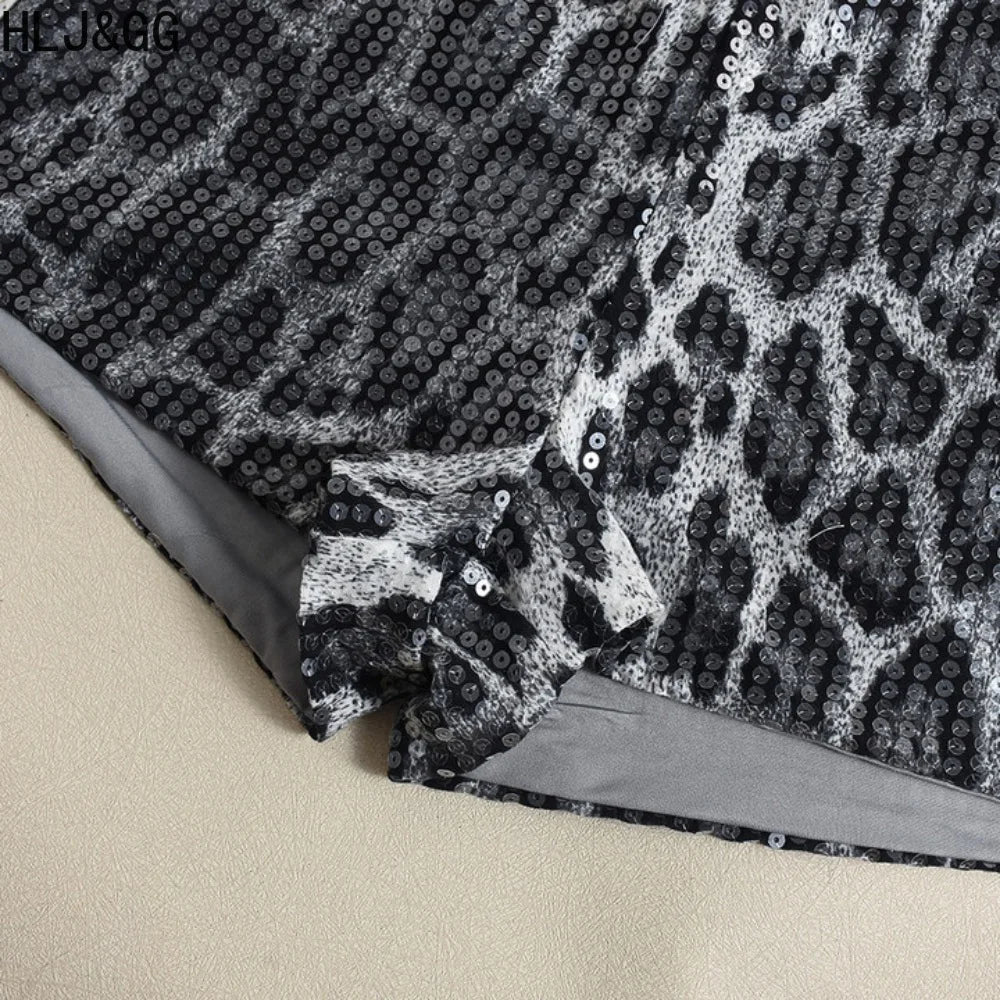 HLJ&GG Trendy Y2K Leopard Sequin Shorts Two Piece Sets Women