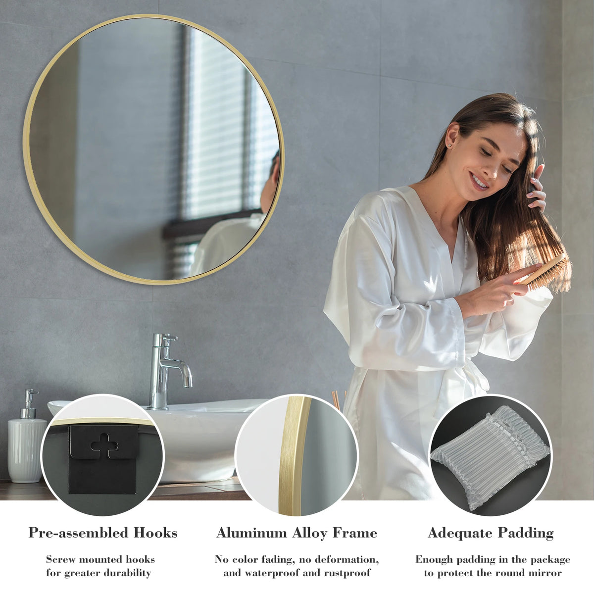 JHK Large Gold Round Vanity Framed Mirror for Wall Matte Metal