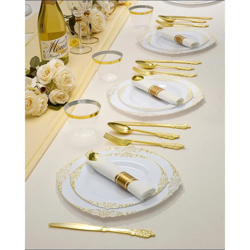 Elegant 350-Piece Gold Plastic Dinnerware Set: 100 Rimmed Plates, 150 Cutlery, 50 Napkins, 50 Cups for Parties & Weddings