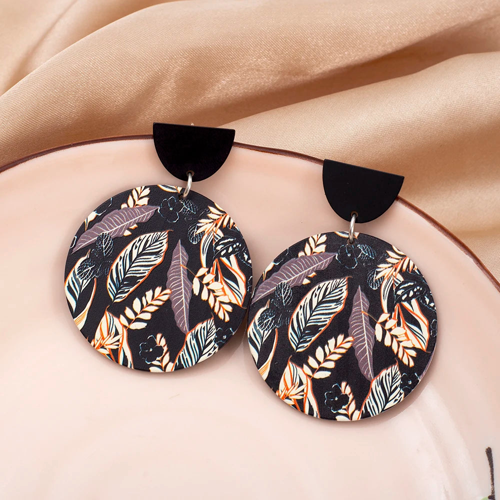 Round Black Acrylic 3D Printing Women's Leaf Earrings Dangle