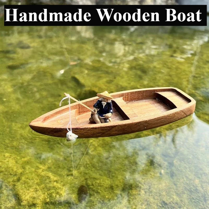 Handmade Wooden Boat Decoration Mini Floating Boat Model Landscaping Fishing Boat Fish Tank Pond Decoration Aquarium Accessories