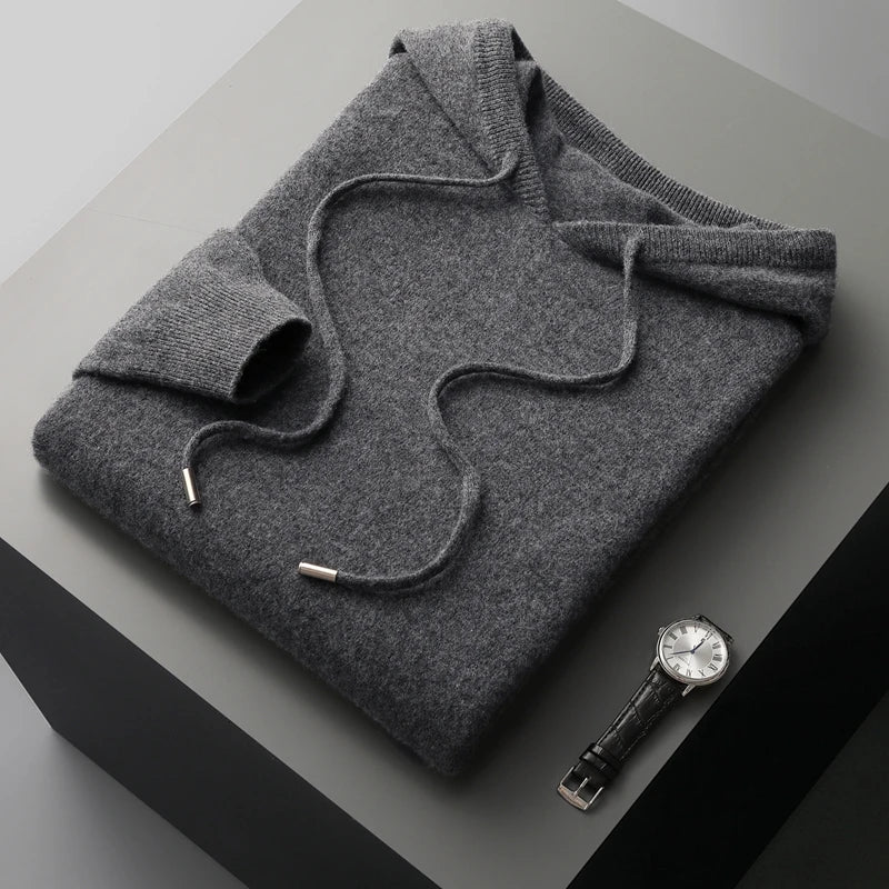 MVLYFLRT Men's 100% Merino Wool Sweater Hooded Collar Knitted Pullover Sweatshirt Autumn Winter Casual Large Tops Long Sleeved