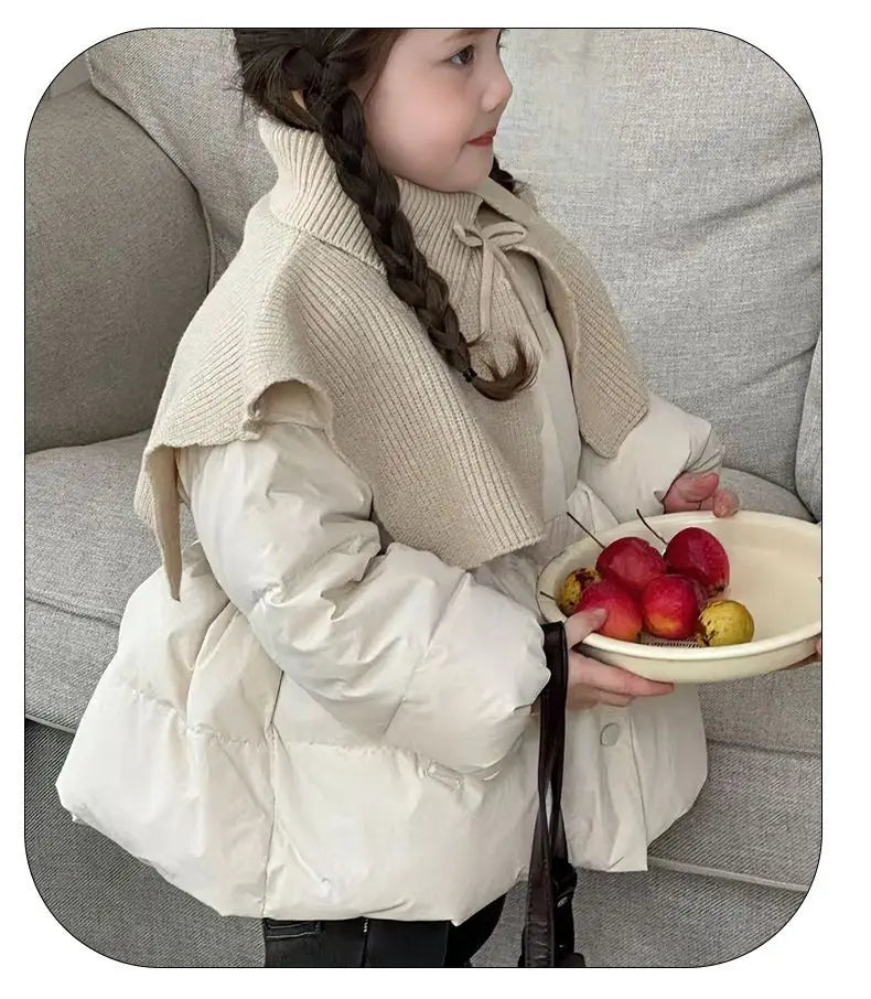 Beige/Red Girls Baby Winter Coats Knitted Shawl Thick Warm Jackets Fashion Kids Children Princess Clothes Overcoats Outerwear