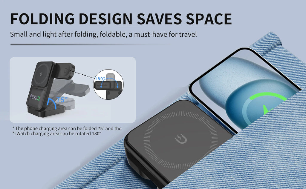 3in1 Foldable Wireless Charger Qi2 Multifunctional Stand Clock Wireless Charger Adapter Type-c Station For iPhone 16 15 Pro Max