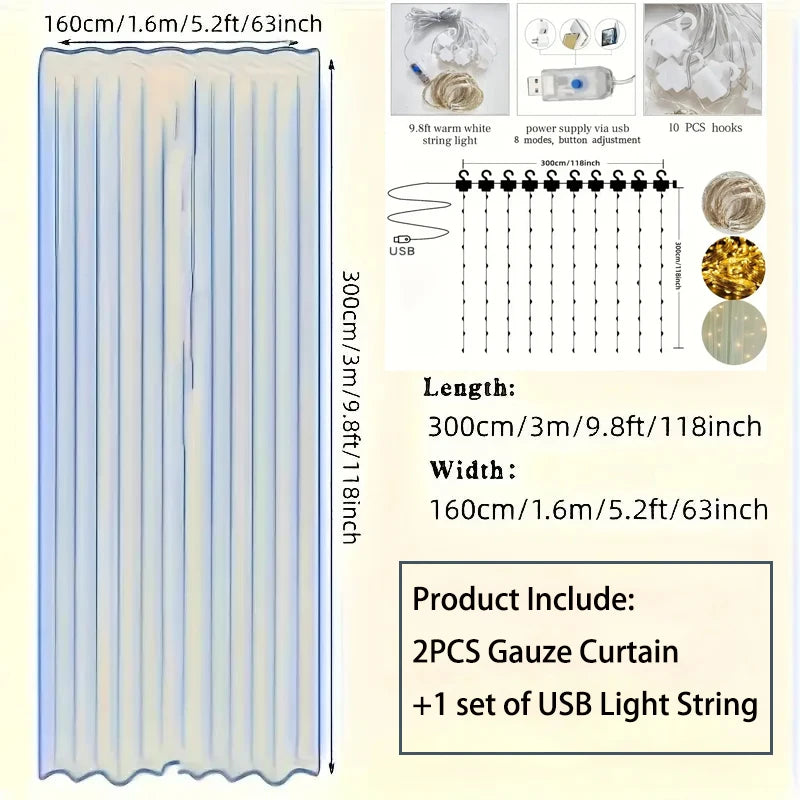 3M LED White Tulle Backdrop Curtains with Light Decoration